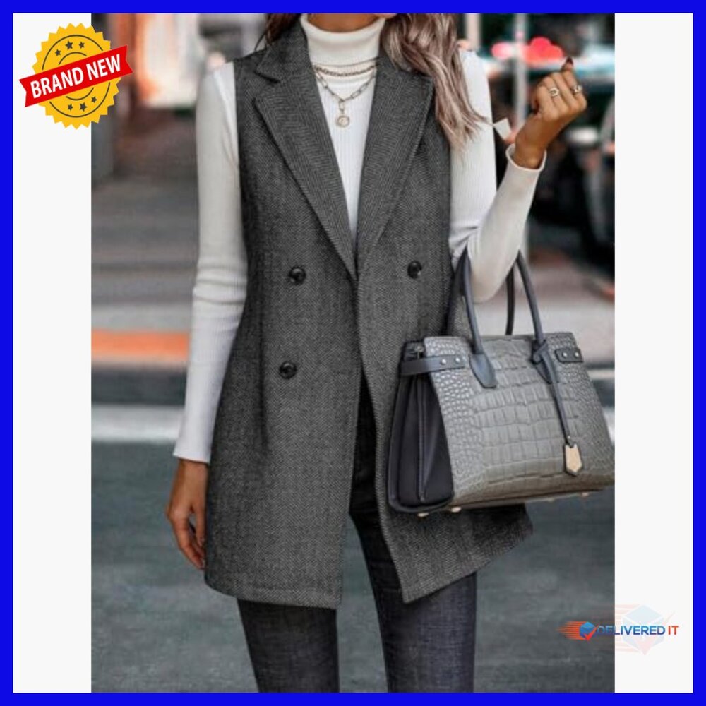 Long Sleeveless Tweed Vest Blazer Women's Wool Blend Double Breasted - Picture 3 of 5